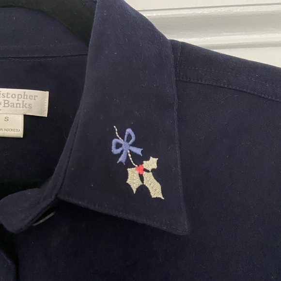 Christopher Banks Cat Snowman Embroidered Holiday Christmas Navy Vintage Blouse - Picture 6 of 14
